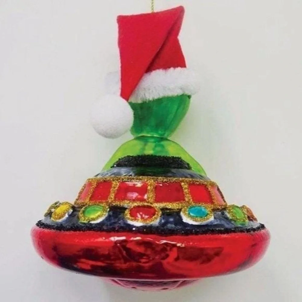 Vtg Style Halloween Alien in Santa Hat and‎ UFO Blown Glass Christmas Ornament